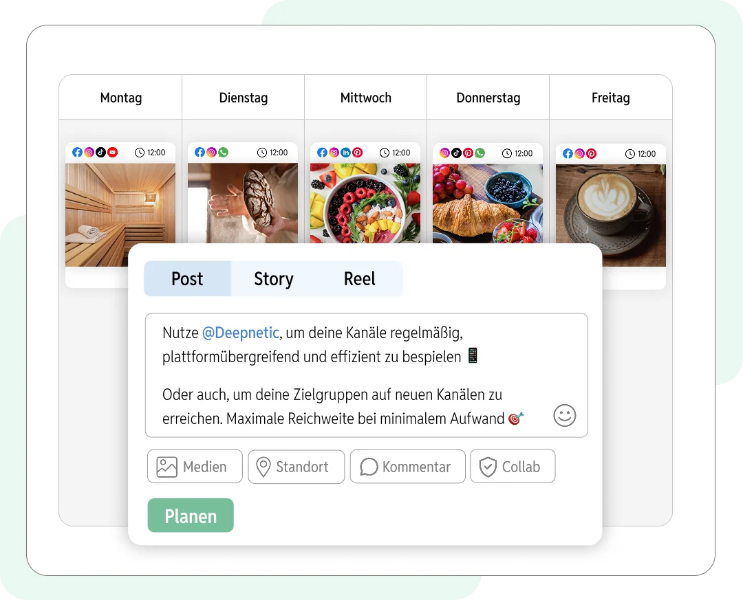 Deepnetic Social kann im Social-Media-Management verwendet werden, um Social-Media-Content im Team auszuarbeiten und dann zentral plattformübergreifend auszuspielen.