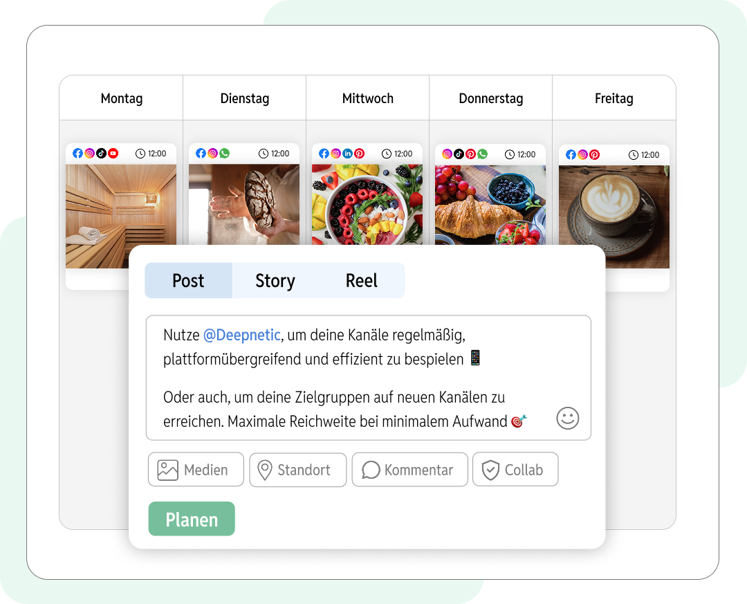 Deepnetic Social kann im Social-Media-Management verwendet werden, um Social-Media-Content im Team auszuarbeiten und dann zentral plattformübergreifend auszuspielen.