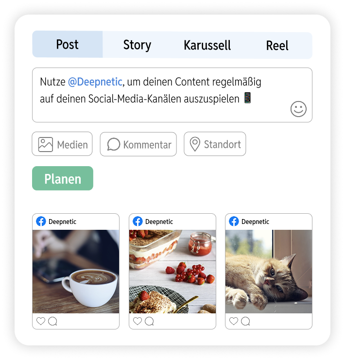Deepnetic Social kann Posts, Stories, Karusselle und Reels auf Facebook planen und veröffentlichen.