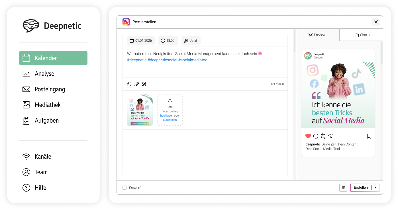 Deepnetic Social unterstützt Canva, damit der Prozess des Exportierens und Hochladens noch weiter vereinfacht wird.