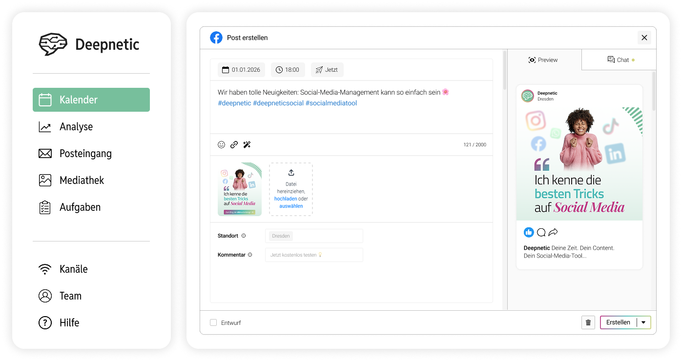 Deepnetic Social unterstützt Facebook im Social-Media-Tool, um die Plattform im Social-Media-Management möglichst effizient mitzunutzen.