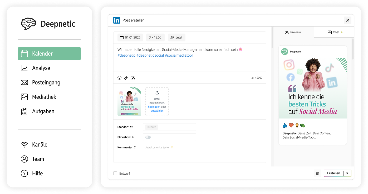 Deepnetic Social unterstützt LinkedIn im Social-Media-Tool, um die Plattform im Social-Media-Management möglichst effizient mitzunutzen.