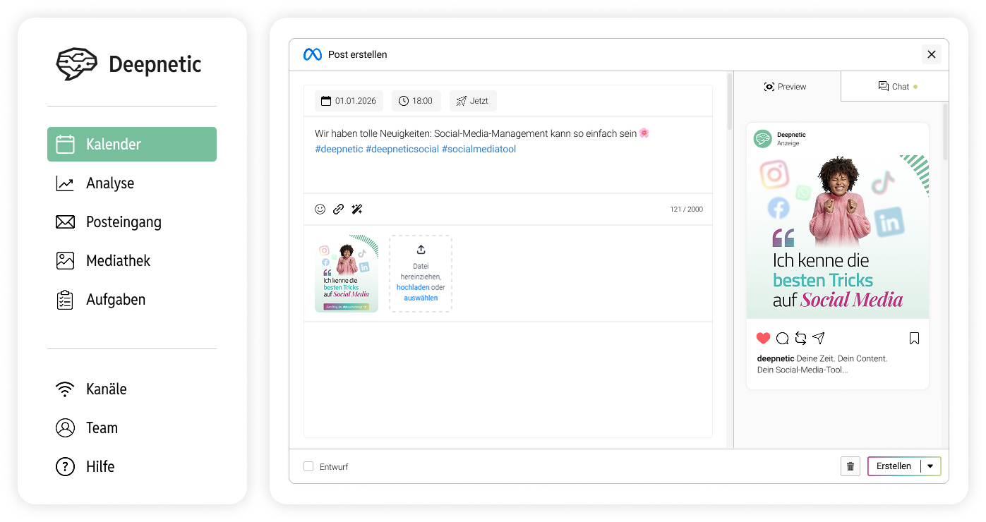 Deepnetic Social unterstützt Meta-Werbekonten im Social-Media-Tool, um organischen und bezahlten Content an einem Ort überblicken zu können.