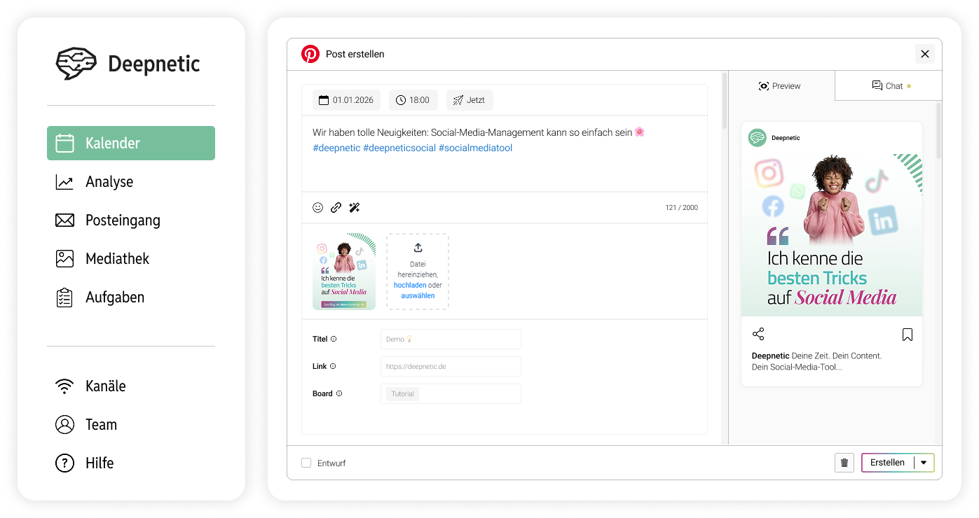 Deepnetic Social unterstützt Pinterest im Social-Media-Tool, um die Plattform im Social-Media-Management möglichst effizient mitzunutzen.