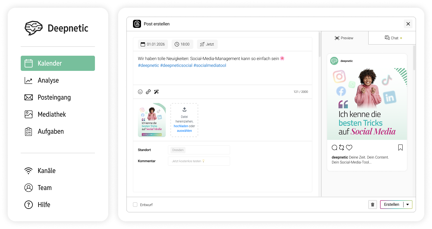 Deepnetic supports Threads in its social media tool to make the most efficient use of the platform in social media management.