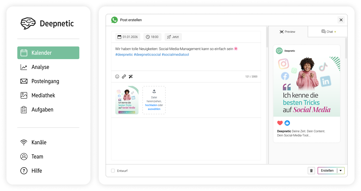Deepnetic Social unterstützt WhatsApp im Social-Media-Tool, um die Plattform im Social-Media-Management möglichst effizient mitzunutzen.