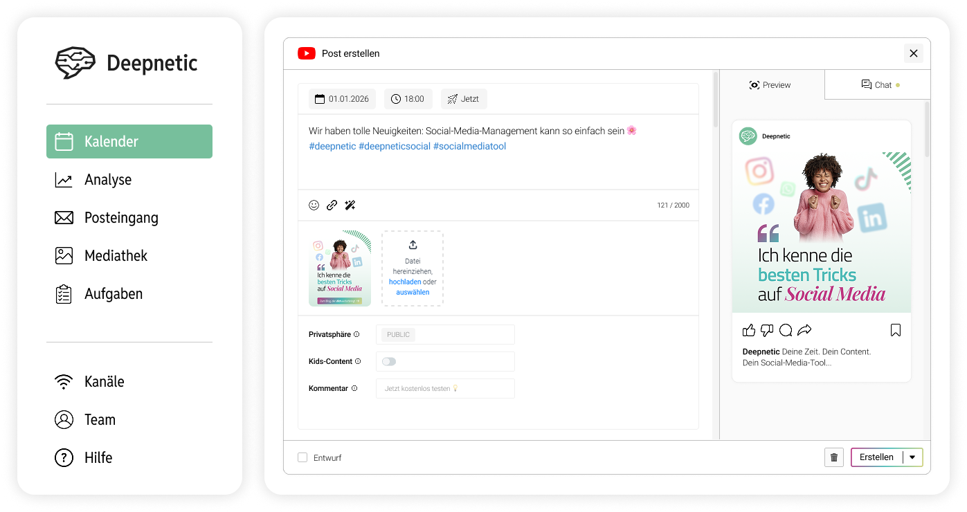 Deepnetic Social unterstützt YouTube im Social-Media-Tool, um die Plattform im Social-Media-Management möglichst effizient mitzunutzen.