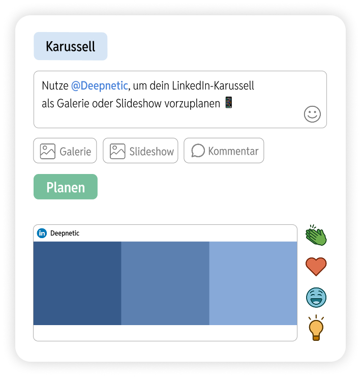 Deepnetic Social can create a carousel on LinkedIn as a classic gallery or slideshow (PDF).