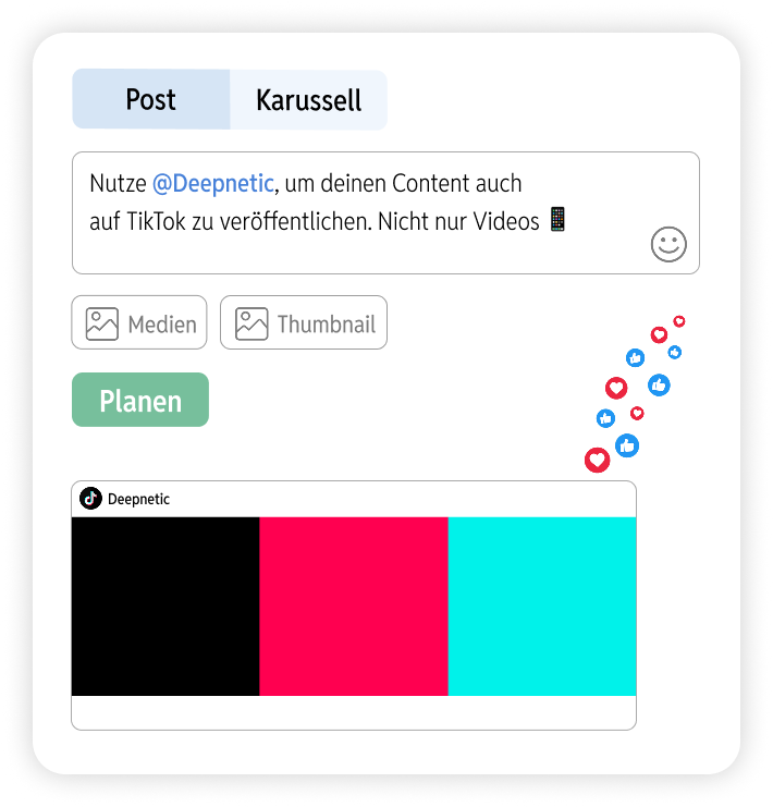 Deepnetic Social kann auch Posts und Karusselle auf TikTok planen und veröffentlichen.