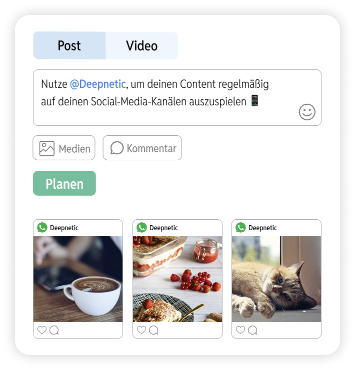 Deepnetic Social kann Texte, Fotos und Videos in WhatsApp-Kanälen planen und veröffentlichen.