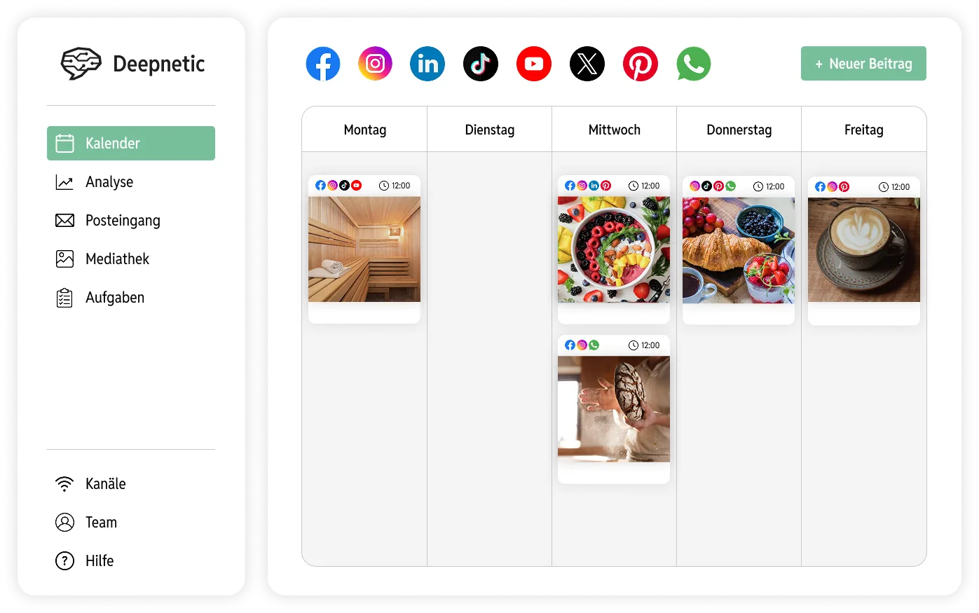 Der Kalender von Deepnetic Social, in dem Social-Media-Content auf allen Social-Media-Plattformen geplant werden kann.