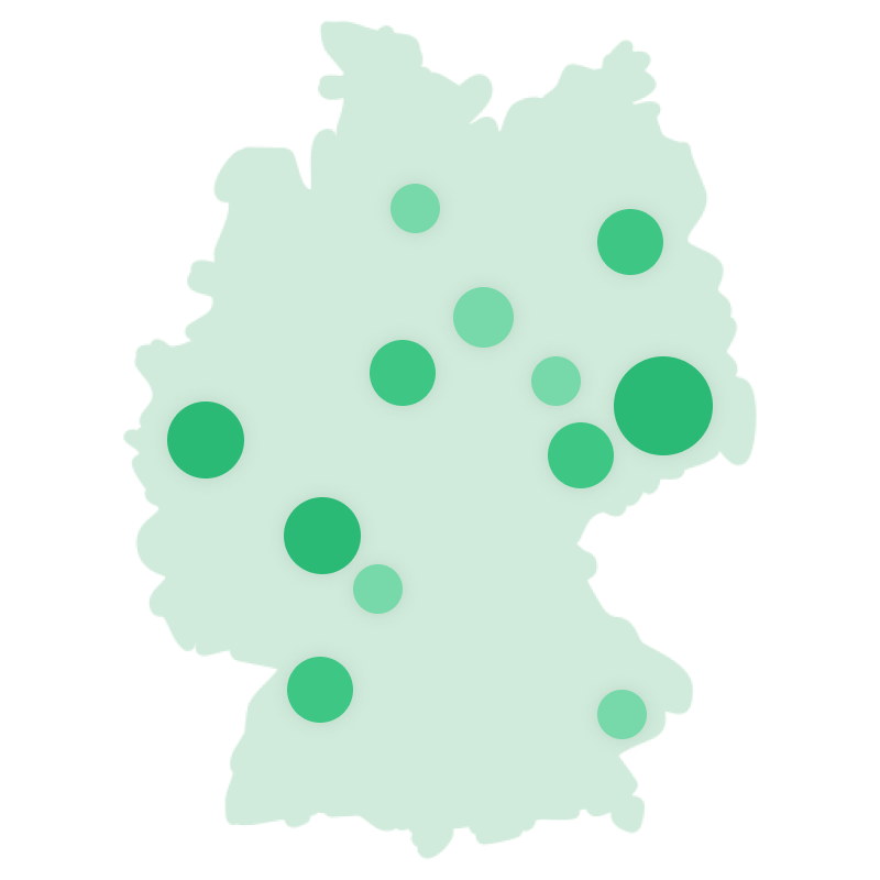 Eine Deutschlandkarte, auf der die Verteilung der Kunden von Deepnetic Social relativ eingetragen ist.